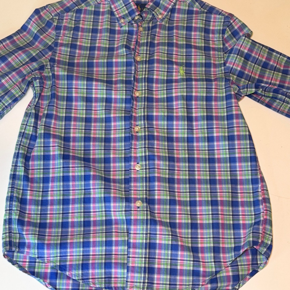Polo Ralph Lauren Kids Blue Pink Green Plaid Button Down Shirt Size M 10-12